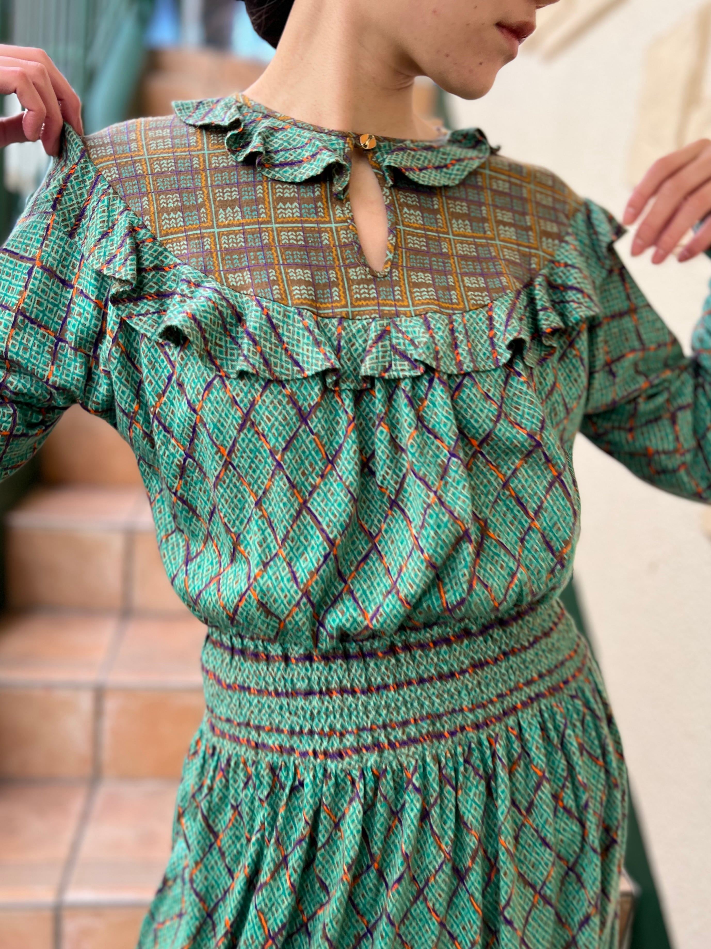 70s Diane freis green × plaid wool dress ( ダイアン フレイス