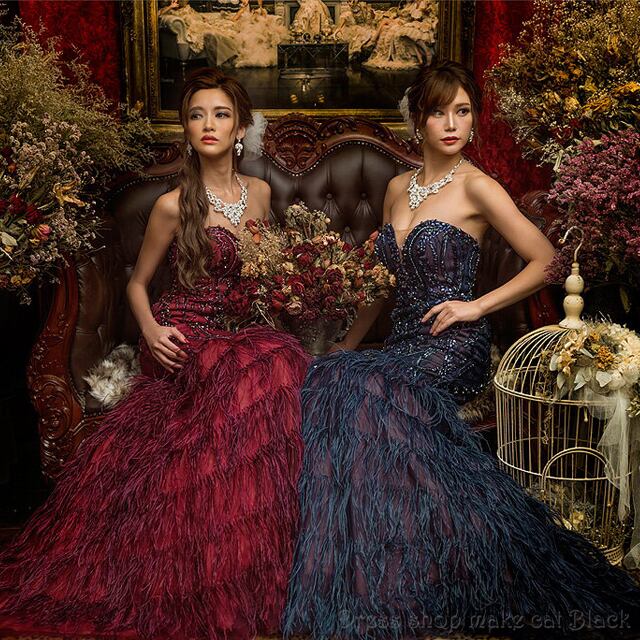 Angel R PREMIUM 2色展開 (エンジェルアールプレミアム) ロングドレス フェザー ストーン ビジュー ビーズ 細い セクシー 露出 パーティー 誕生日 女子会|高級キャバドレスAngelR 80601