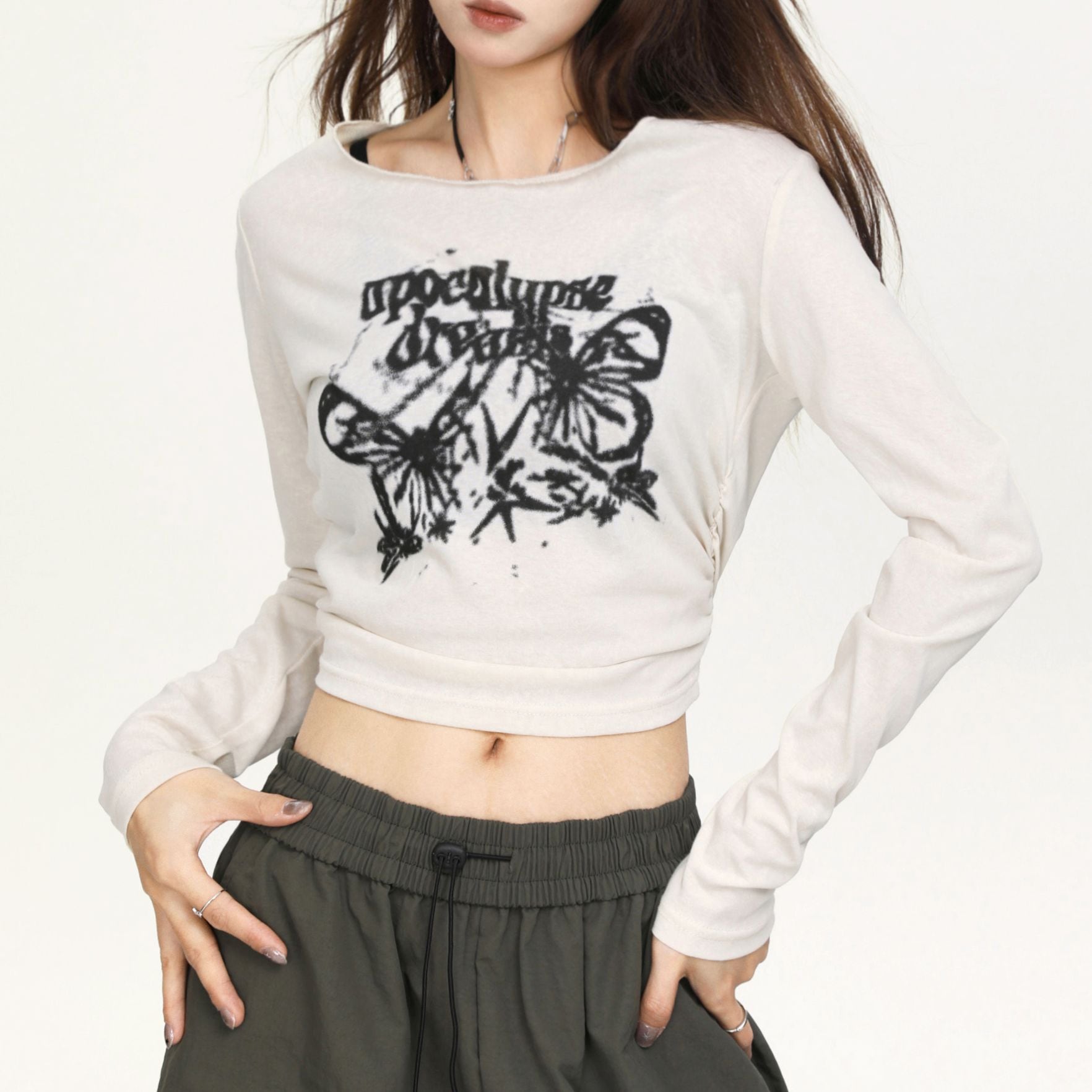 トップス heaven Time Travel Crop Longsleeve y2k クロップドトップス バタフライ スリムフィット クロップド丈 へそ出し