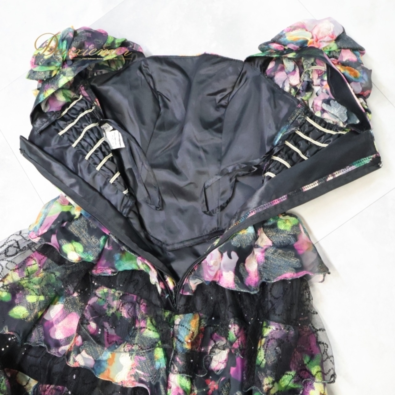 パーティドレス ワンピース ドレス 演奏会 カラードレス 発表会 パーティ Da Vistosa ドニャヴィストーサ 黒 紫 ピンク 緑 フリル レース 花柄 ブラック系 ピンク系 グリーン系 デザイン 華やか フェミニン 結婚式 ステージ衣装 おしゃれ レディース