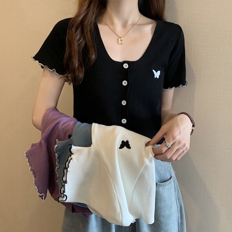 スタイルVネックニットセーター Butterflyデザイン 刺繍ソリッド カラークロップトップ トップス レディース ソリッドカラー ハンチェンe51170286988