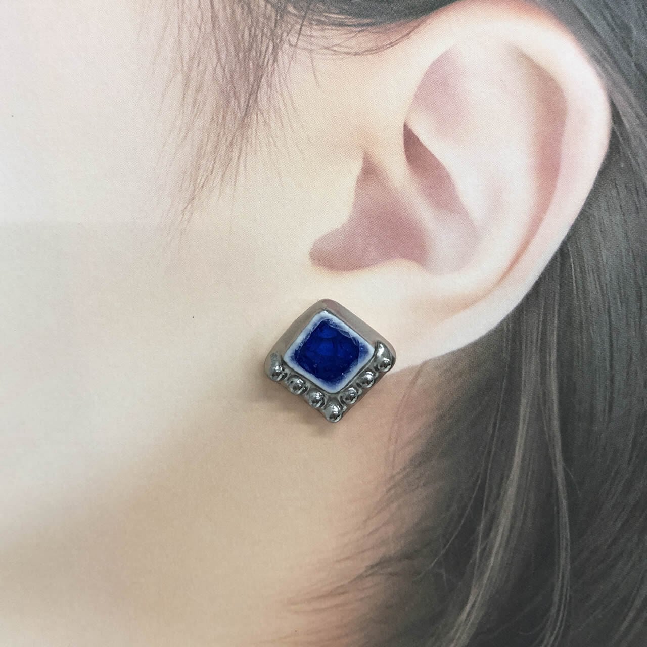 美濃焼タイルのピアス レトロ ターコイズ・コバルト | Rikuri Style
