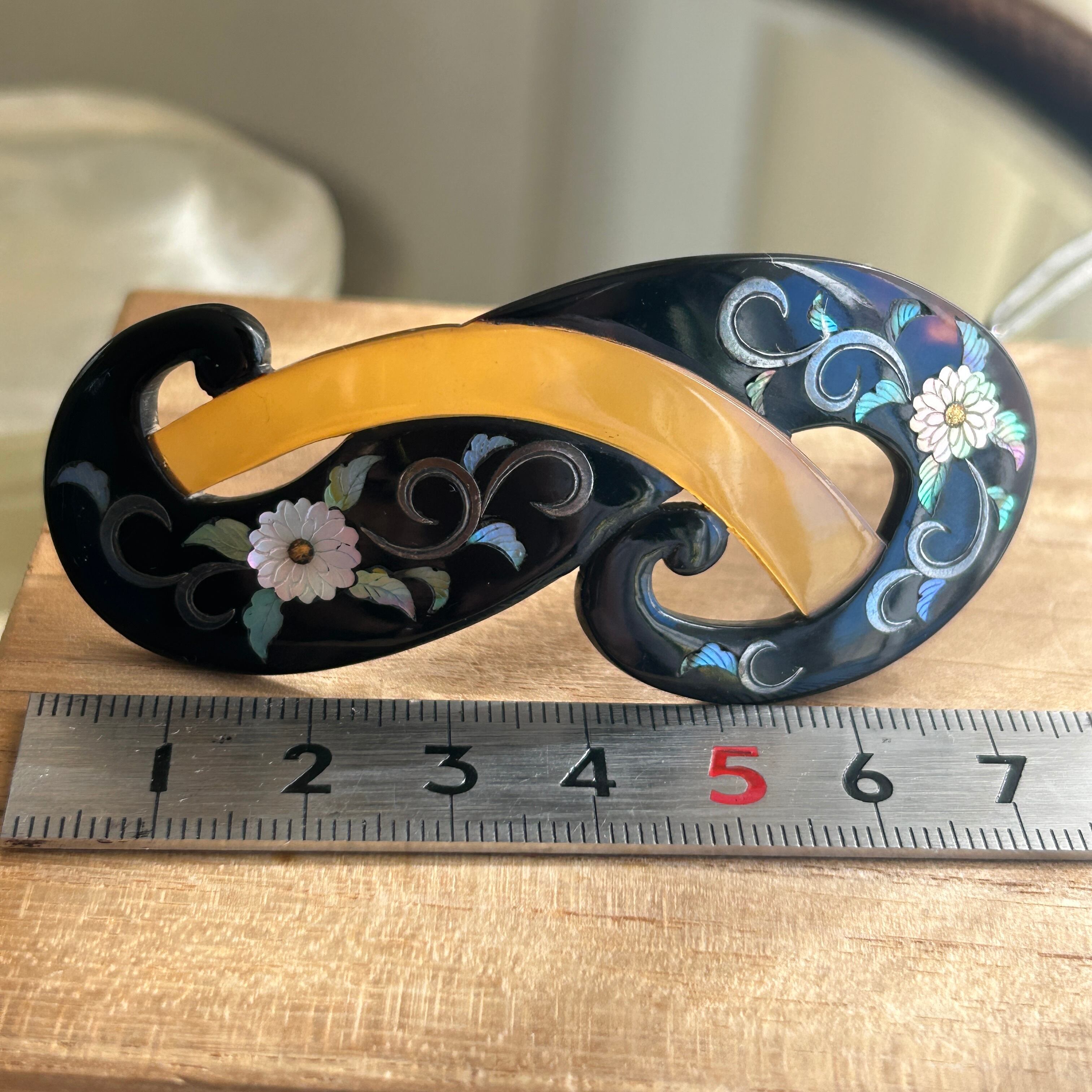 アンティーク　鼈甲二色に螺鈿銀象嵌のバレッタ