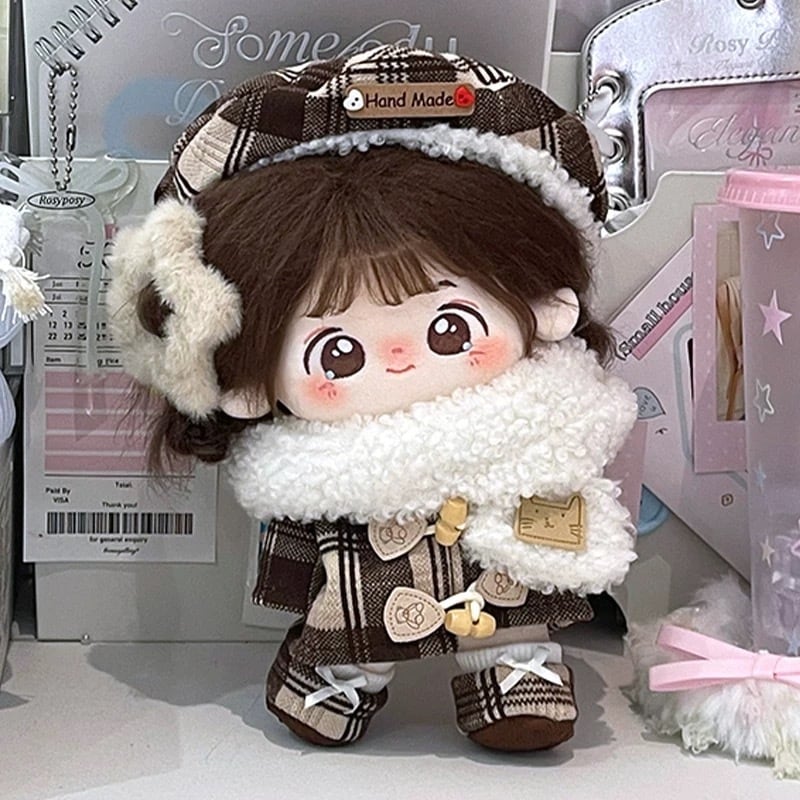 20cmぬい服】冬のふわふわ茶チェックコーデ 着せ替えぬいぐるみ 棉花