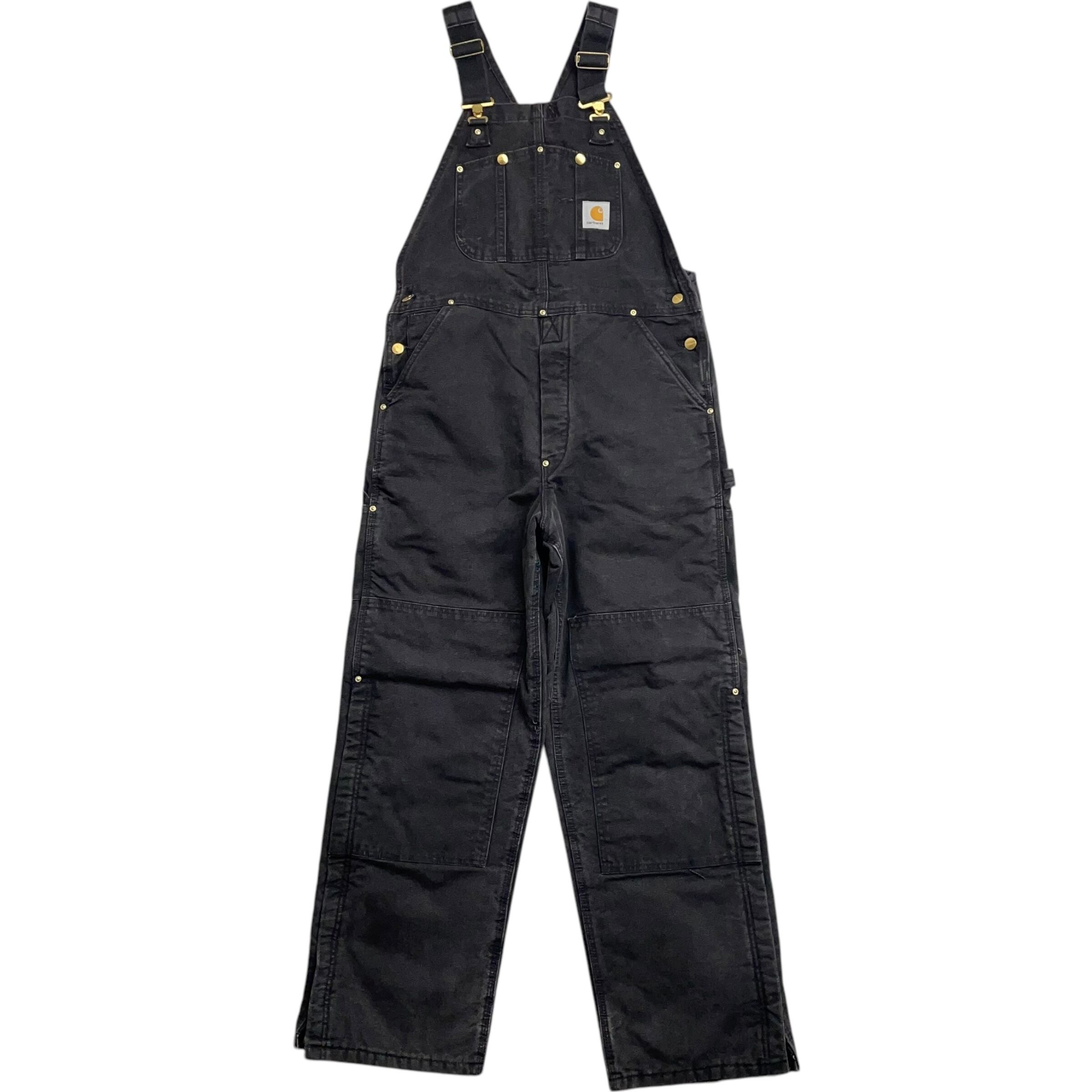 《実寸 W35L30》 Carhartt カーハート オーバーオール ダブルニー 裏キルティング 裾ジップ ブラック USA製 90年代 vintage no.5458