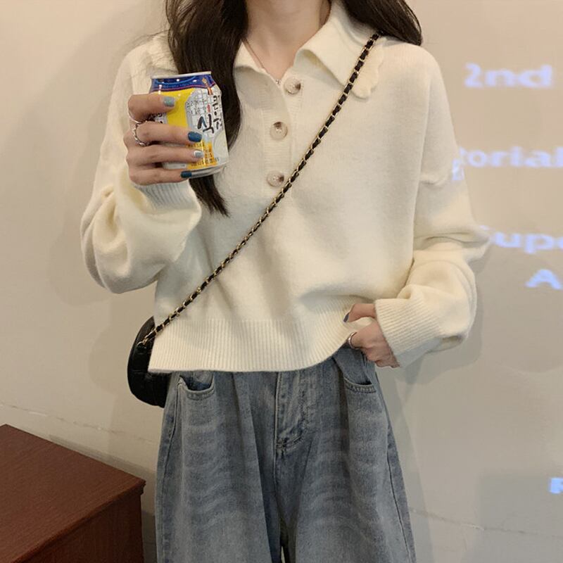 カラーセーター スプリングオータムルーズスタイルショートニットトップス 春物 秋物 試着室94491239455