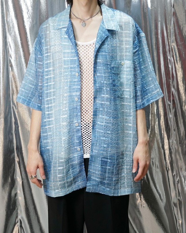 Vintage textured see-through open collar S/S shirt "BLUE"