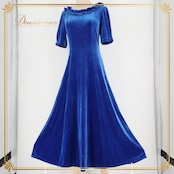 フラダンス 衣装 ワンピース ドレス マーメイドライン エムエムジェイ ブルー系 MermaidLine MMJ 日本製 ベロア 五分袖 無地 フリル かわいい 上品 きれい 高級感 光沢感 青 ハワイアン アロハ ハワイアンプリント フラ ダンス レッスン