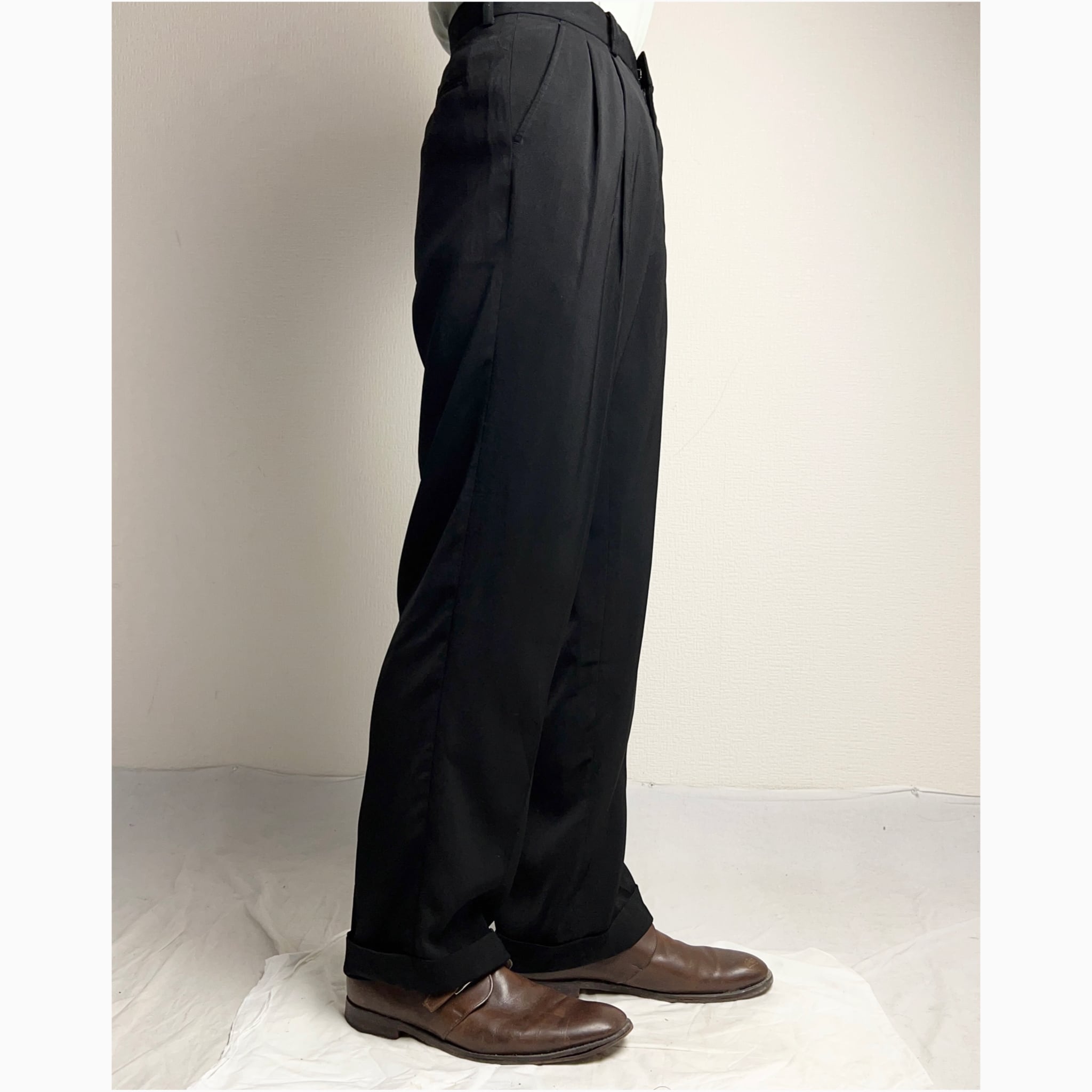 2Tuck Polyester Slacks Black 2タック ポリエステル スラックス