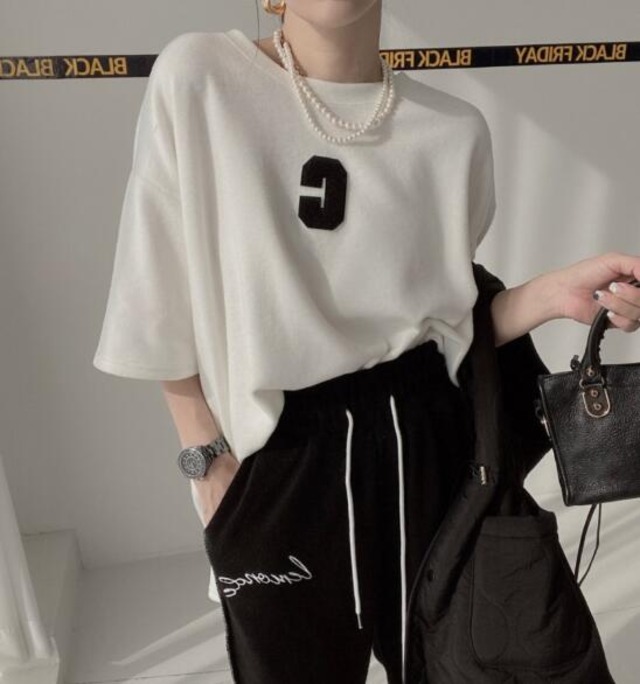 韓国風 chic トップス Tシャツ 半袖 夏ファッション スリット クルーネック シンプル