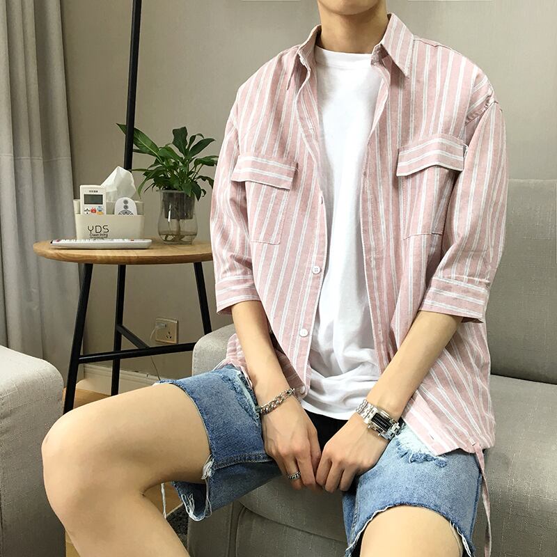 全2色 シャツ ストライプ 半袖 カジュアル シンプル 羽織