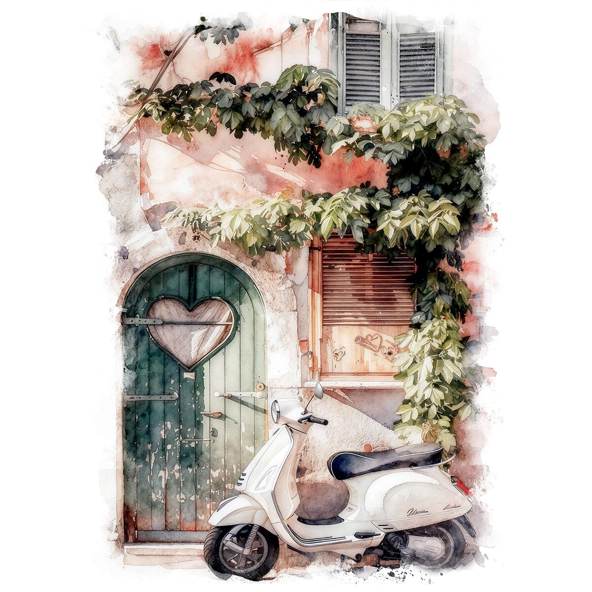 絵画 イタリア風景画(街並み) ベスパのある風景 インテリアアート額付き 水彩画・油絵調 WAT0193