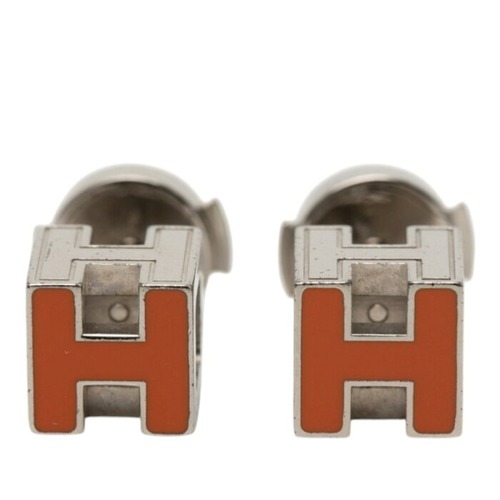 エルメス カージュ ド アッシュ Hキューブ ピアス シルバー オレンジ メタル エナメル レディース HERMES 【中古】