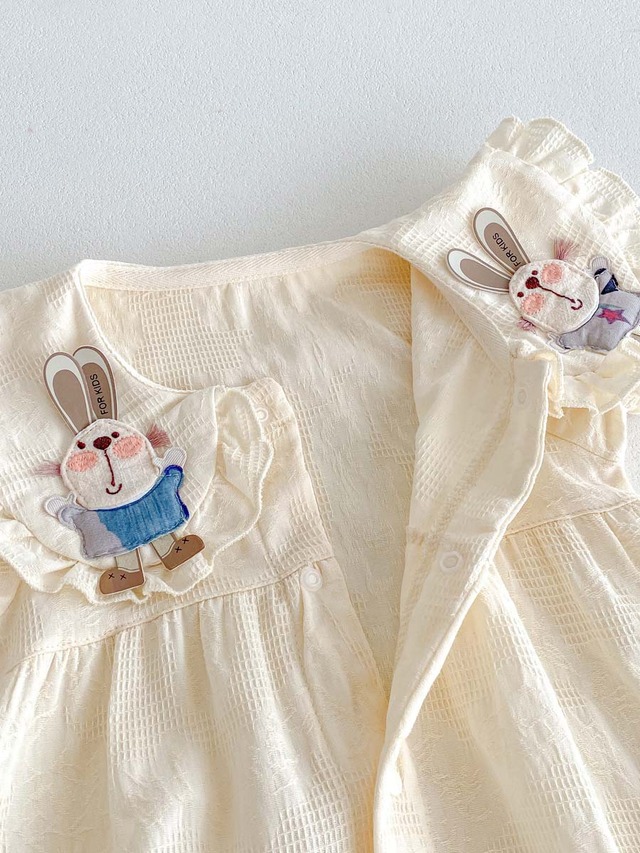 【BABY】うさぎ刺繍レースフリル襟半袖ロンパース - 10