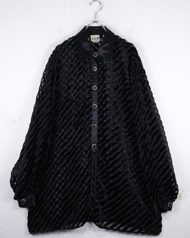【Caka act2】Sheer × Velvet Diagonal Stripe Vintage L/S Shirt