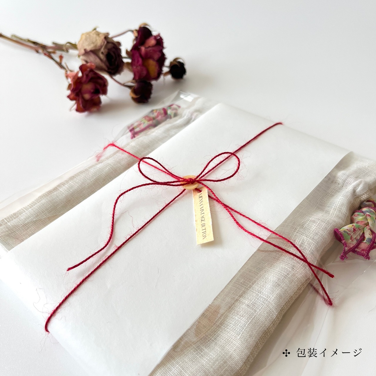 【エクリュ×キャンディピンク】リネン×ジョーゼット生地のリボン巾着・画像9