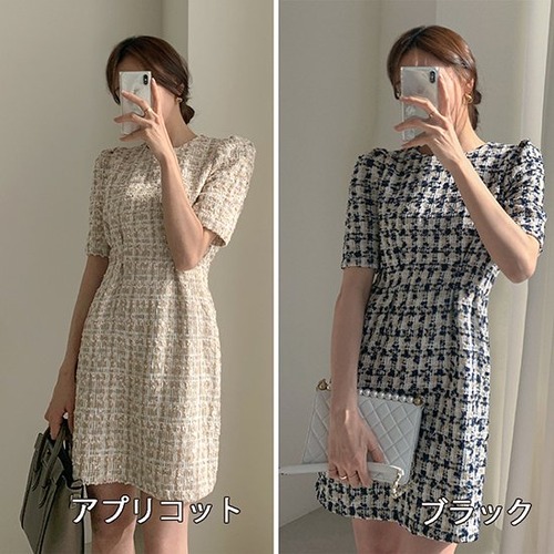 ワンピース ミニ丈 パフスリーブ チェック柄 半袖 レディース クルーネック きれいめ かわいい ツイード チェック ラウンドネック 上品 ミニワンピ チェック柄ワンピース レディース エレガント