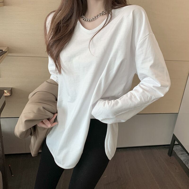 ベーシックシャツ スプリングオータムサイドソリッド カラールーズ薄手Tシャツ トップス ロング 春物 秋物 ソリッドカラー ドラファッションホール30807741956