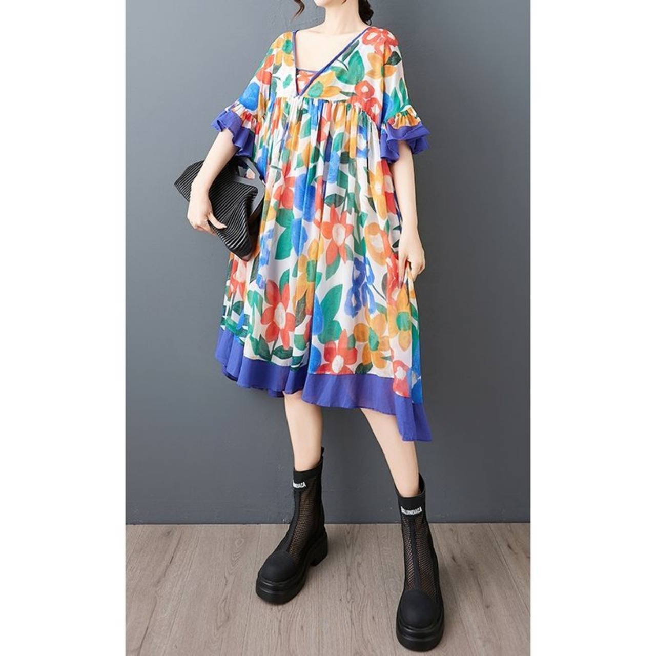 フラワー フリルスリーブ ワンピース  30137