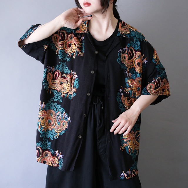 "龍" motif good coloring pattern over silhouette open collar s/s shirt