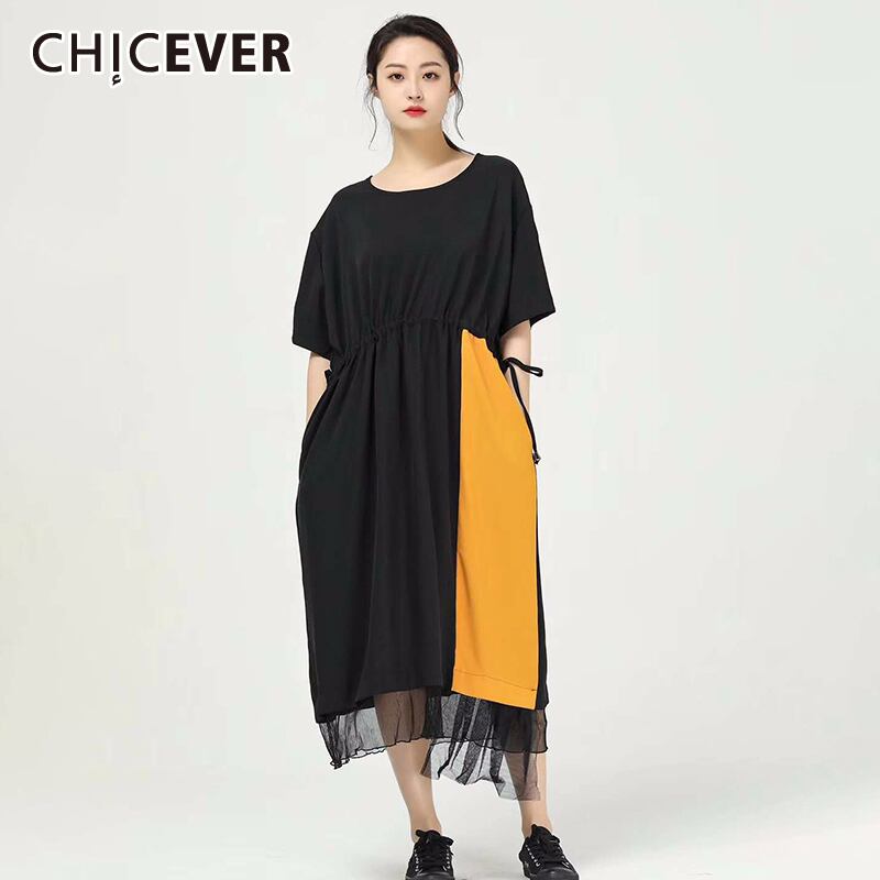 CHICEVERドローストリングヒットカラーパッチワークメッシュレディースドレスOネックポケットルーズオーバーサイズミディドレス2020夏服 サマー 夏物 6base565271449154