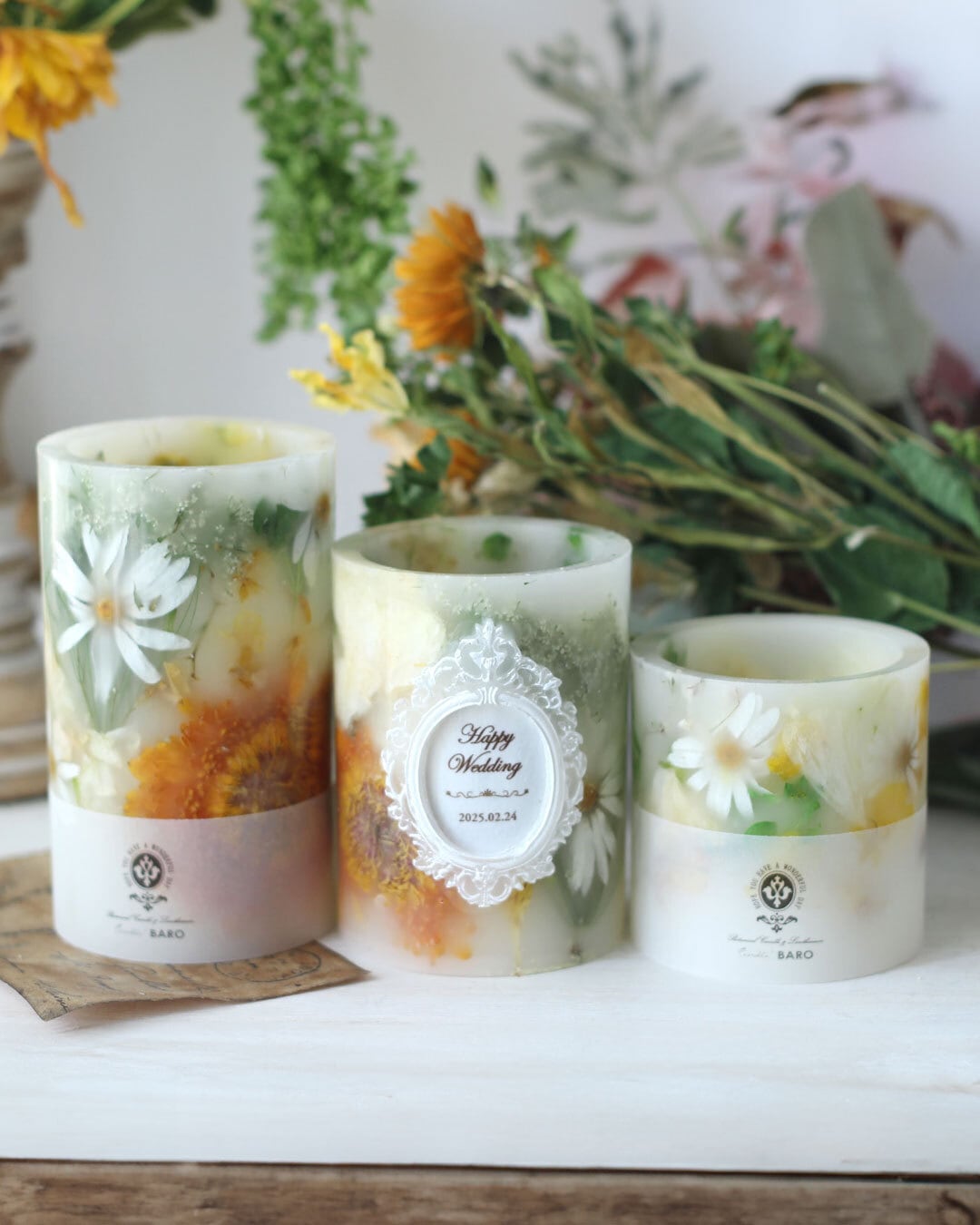 アフターブーケ】LEDティーライト付きランタン3点セット 日付やお名前