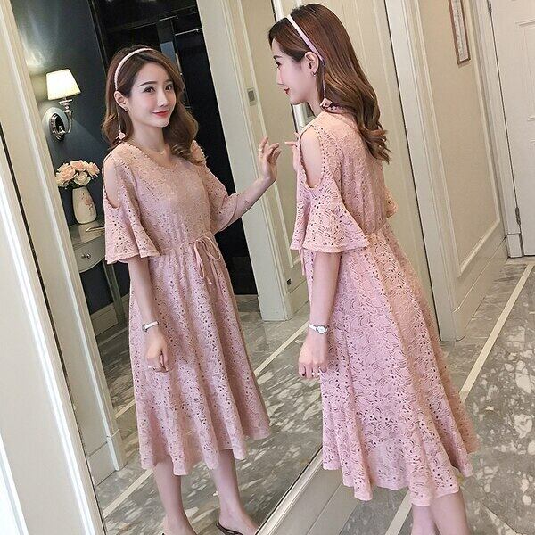 【新作】【送料無料】 6938＃スウィートピンクレースマタニティロングドレス2019サマーパーティードレス服妊娠中の女性スリムセクシーな妊娠 大人ガーリー キュート カジュアル 夏物 AL expec337606749717