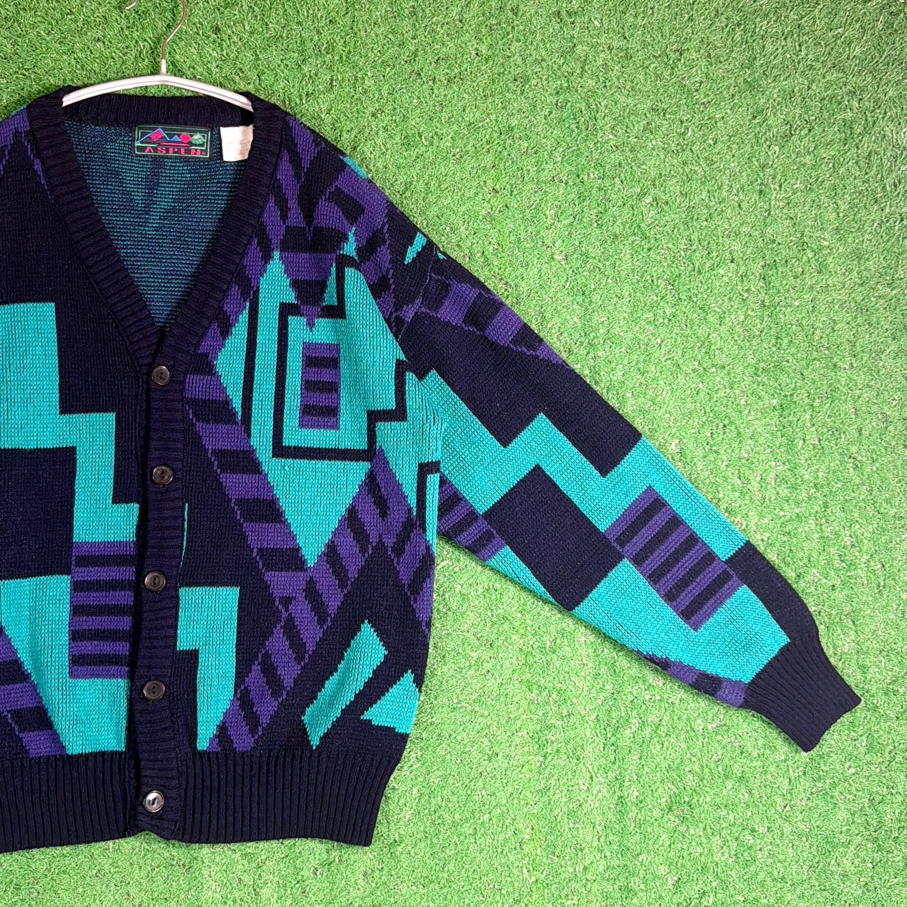 80s 90s ヴィンテージ 総柄 ベロア カーディガン ペイズリー 幾何学模様 Men's】 80s - 90s 幾何学柄 アクリル ニット カーディガン / 80年代