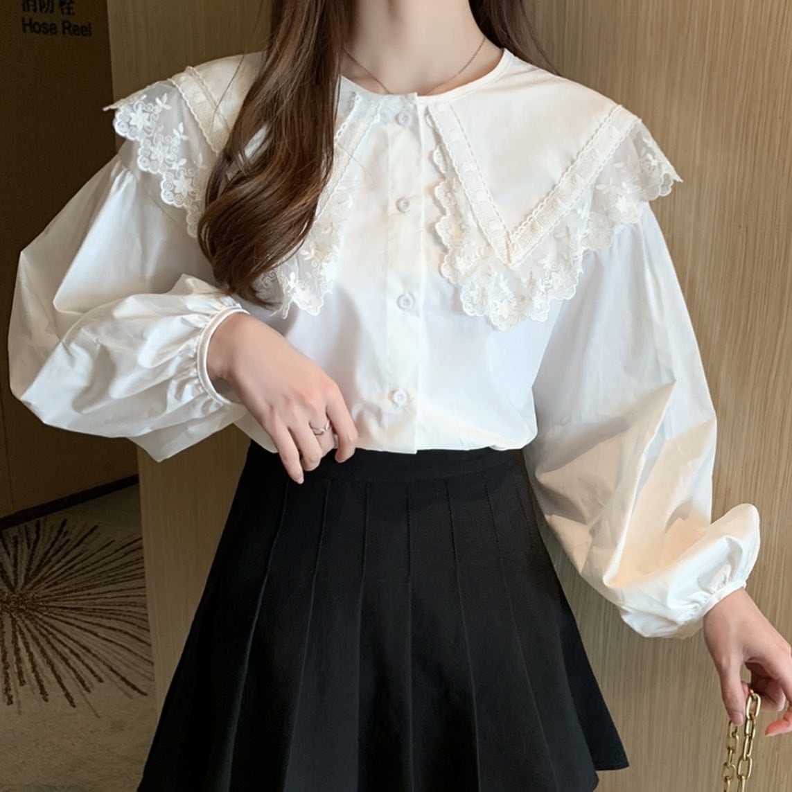 トップス】襟付きフリルブラウス レースブラウス 韓国ファッション