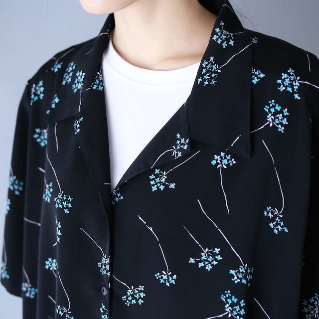 "花柄" black base turquoise blue flower pattern box silhouette open collar  h/s shirt