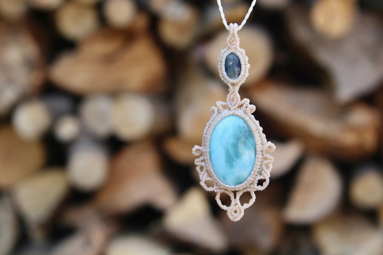 Larimar & Kyanite micro macrame pendant