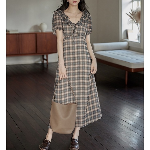 french puff sleeve check pattern long dress