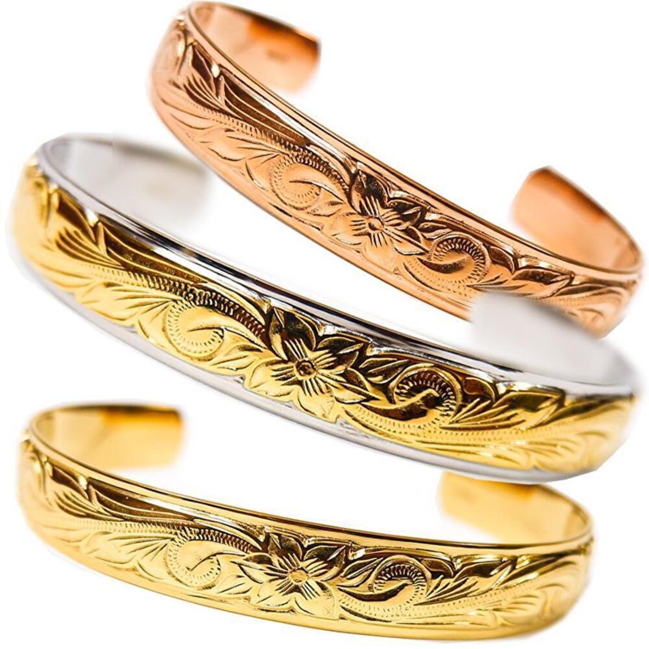 バングル（10mmワイド）［プルメリア・ナル］ -Hawaiian Heirloom 316l-  [gbg852] ｜ ハワイアンジュエリー プリマカフェ｜ハワジュ バングル ブレスレット 腕輪 ペアブレス レディース メンズ ペア 恋人 リンクコーデ プアメリア 花柄 スクロール 波 ステンレス アクセサリー k14 yg pg