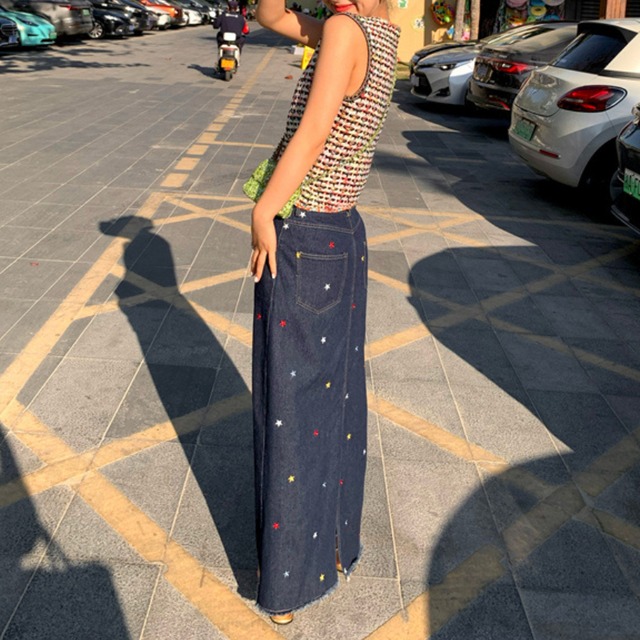 star embroidered denim long skirt J00174