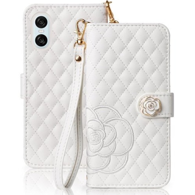 SZJAMIE Xperia 10 VI ケース 手帳型 SO-52E/SOG14/XQ-ES44 手帳型ケース 薔薇刺繍 おしゃれ カメリア花柄 エクスペリア10 vi スマホケース 女性向け 上品 高級レザー 軽量 可愛い 手触り 耐衝撃 防水 カード収納 財布型 横置きスタンド機能 全面保護 ストラップホール付き Xperia 10 VI 第6世代 対応 ホワイト 2739