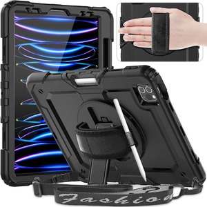 【特価処分】Timecity iPad Pro 11インチ ケース (第4/ 3/ 2/ 1世代) 2022モデル 三層保護 耐衝撃 360°スタンド 画面フィルム ペン収納付き Pencil2対応 横置き 縦置き バンド&ショルダー ストラップ 肩掛け 首掛け 現場 防塵 傷防止 タイピング 子供友好 便利 多機能 iPad Pro 11 ケース 2022/2021/2020/2018 (ブラック)
