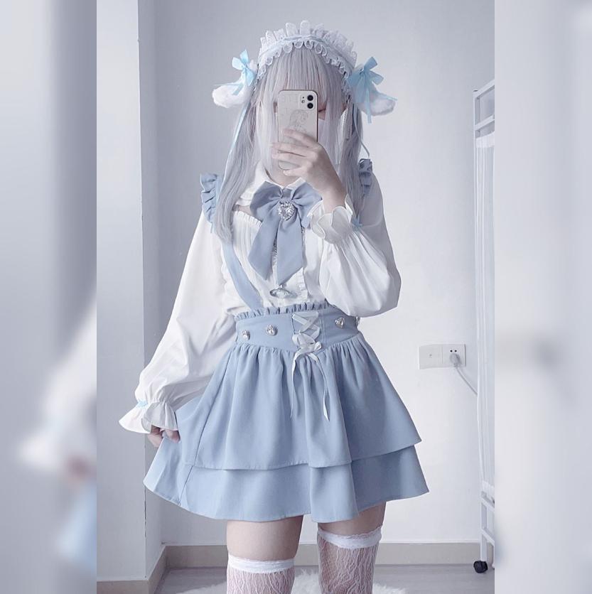 即納♡リボン付き♪ 量産型セットアップ ブルー長袖Lサイズ | ゆめかわ