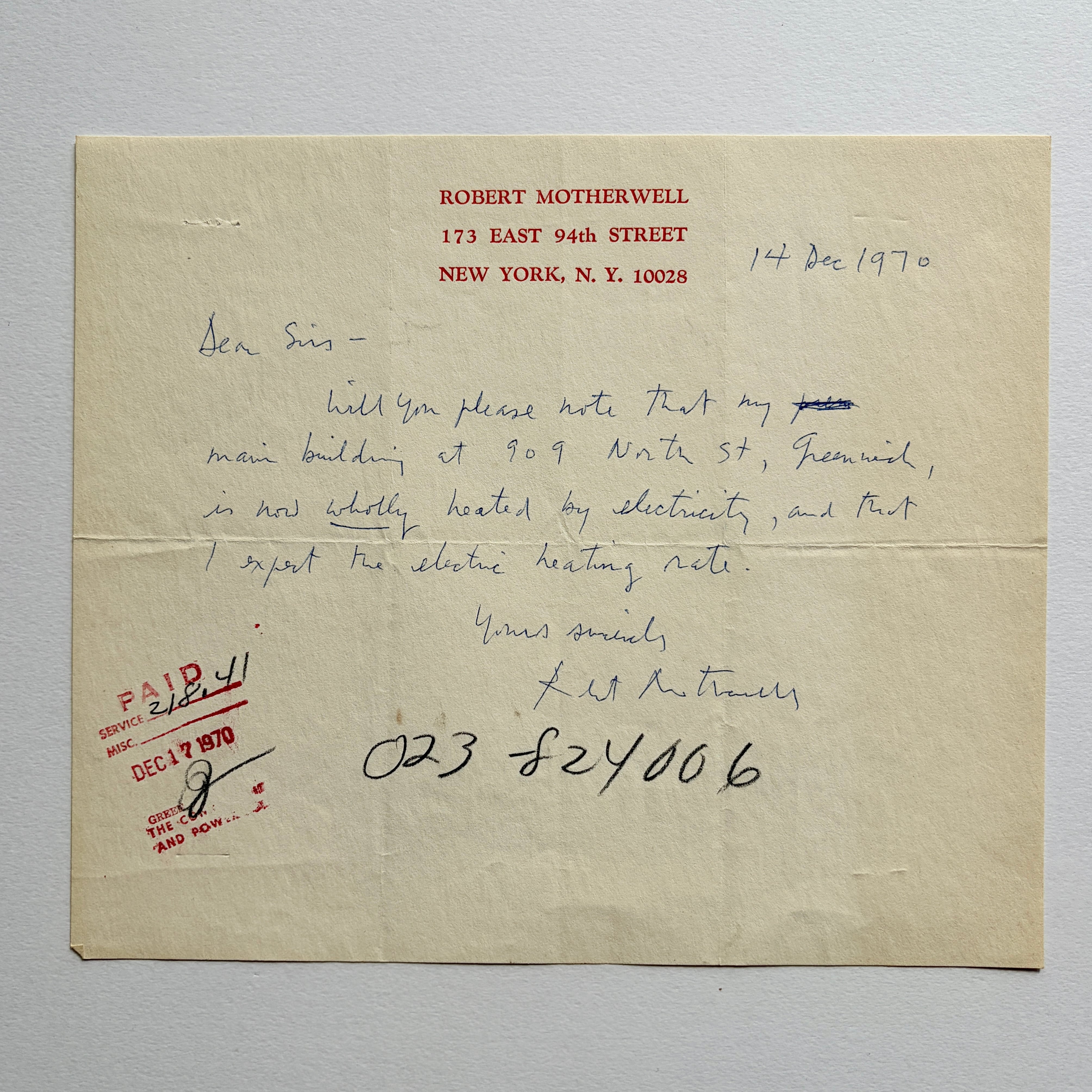 【 直筆入りエフェメラ 】ロバート・マザウェル　Robert Motherwell 直筆レターヘッド書簡（1970–1971年）　 [3100224]