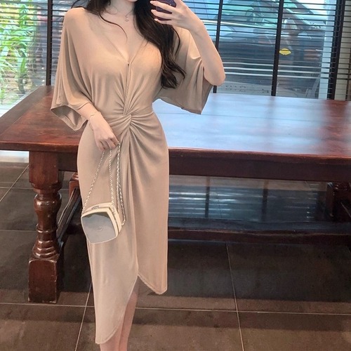 2色／フレア袖ツイストワンピ ・11892