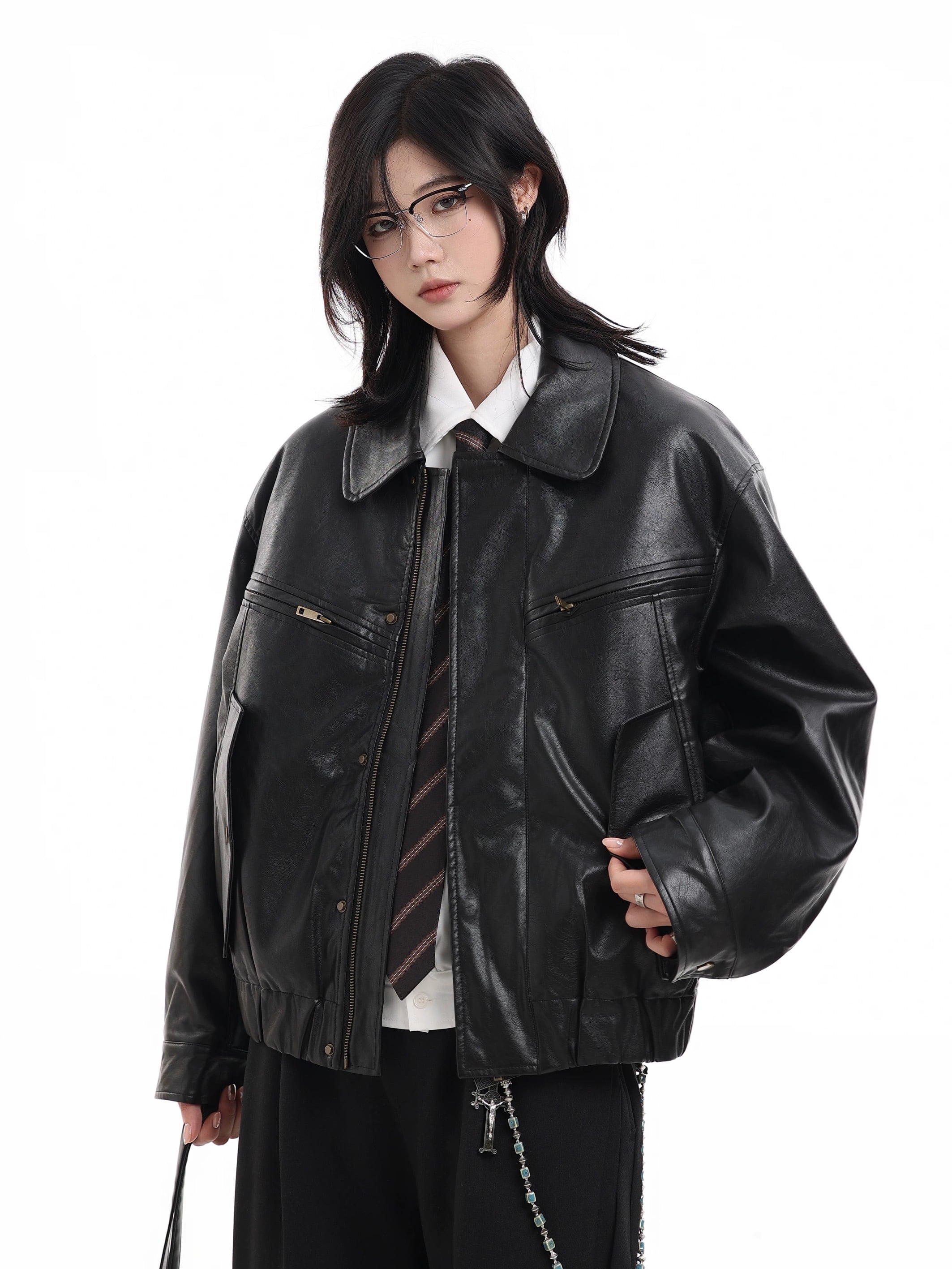 LOW CLASSIC ブラックレザー風オーバーサイズジャケット カジュアル 黒 LOW CLASSIC ブラックレザー風オーバーサイズジャケット カジュアル 黒