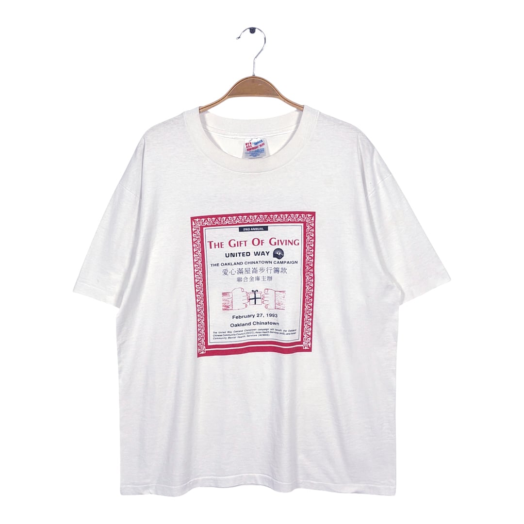90s チャイナタウン チャリティーイベント USA製 ヴィンテージ Tシャツ 漢字T ホワイト シングルステッチ サイズL BZ0628