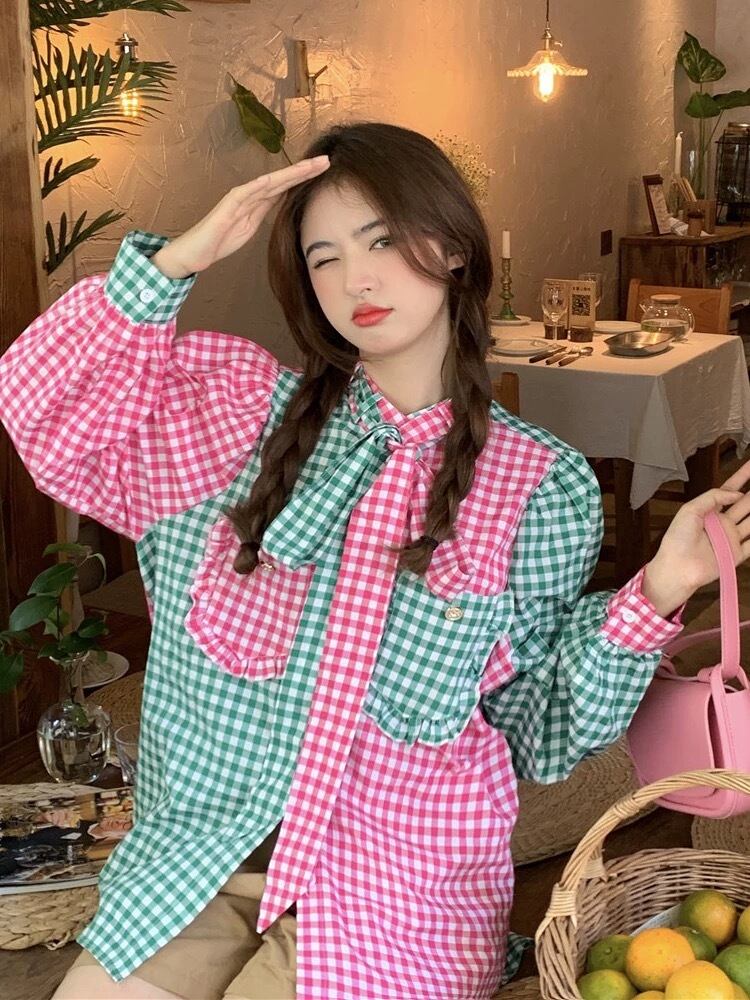 シャツ チェック リボン ブラウス トップス 緑 ピンク ギンガム