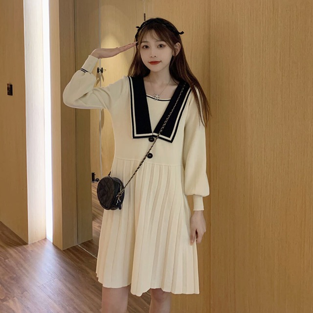 スプリングドレス スタイルネイビーカラールーズウェストプリーツスカート ランタンスリーブ 春物 萌量不足60410496988