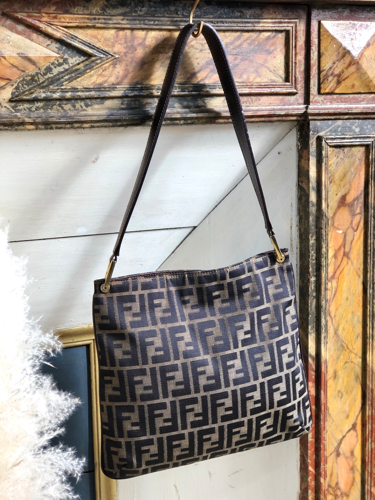 FENDI フェンディ ズッカ ホーボー ジャガード×レザー ショルダー 