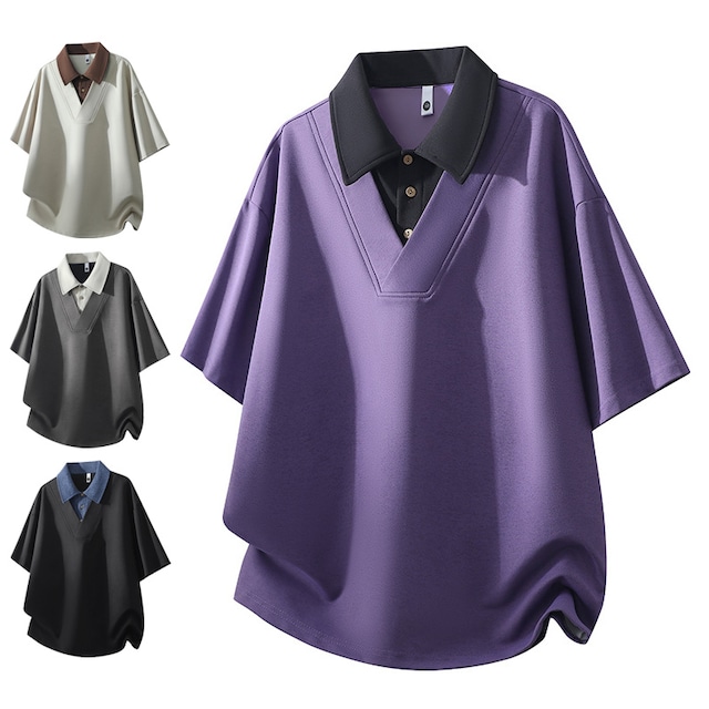 【WSシリーズ】★POLOシャツ★ 4color トップス ユニセックス メンズ 大きいサイズ フェイクレイヤード 黒 紫 灰