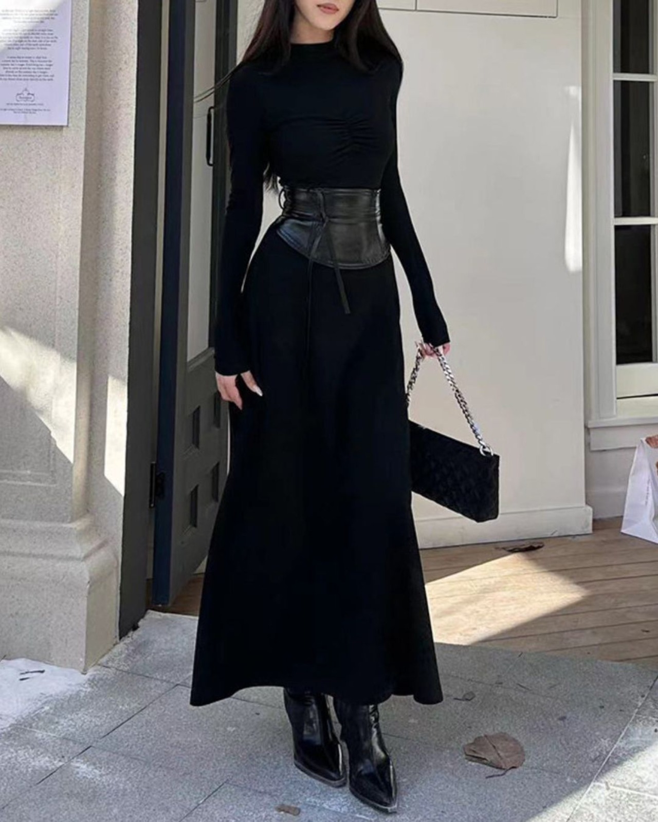 ロングスリーブベルト付きAラインワンピース  A0849 - 2