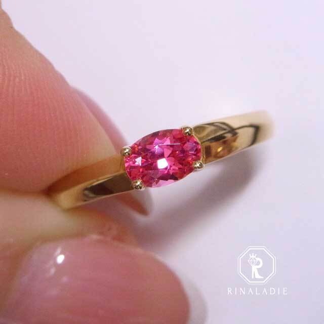 大特価K18YG天然ピンクスピネル粒姫　テリツヤ抜群トッピンホットピンクリング