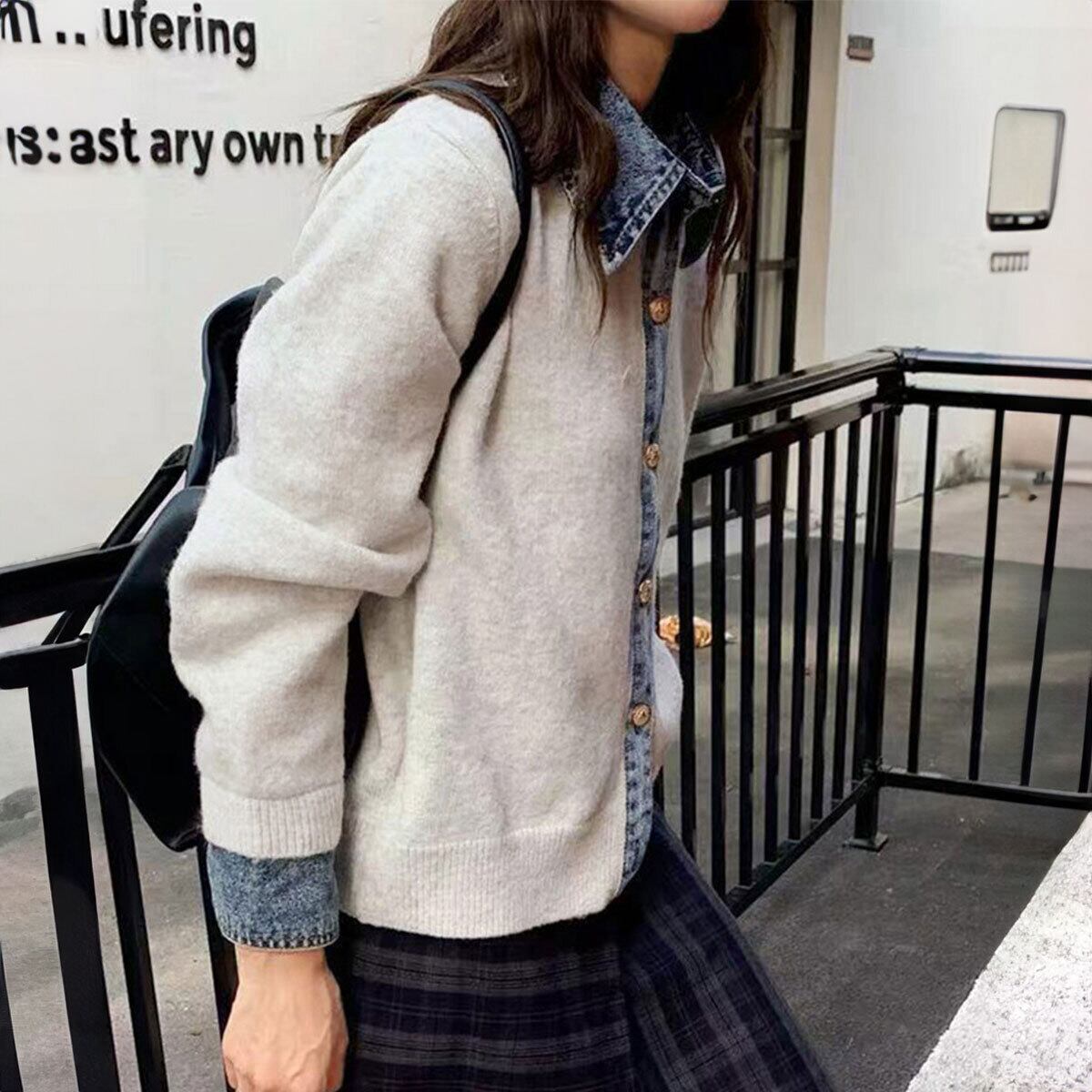 デニム 切り替え ニット カーディガン 長袖 レディース 春秋冬 韓国 きれいめ 大人 カジュアル おしゃれ 重ね着風 トップス 羽織り ドッキングニット 大人可愛い 大人女子