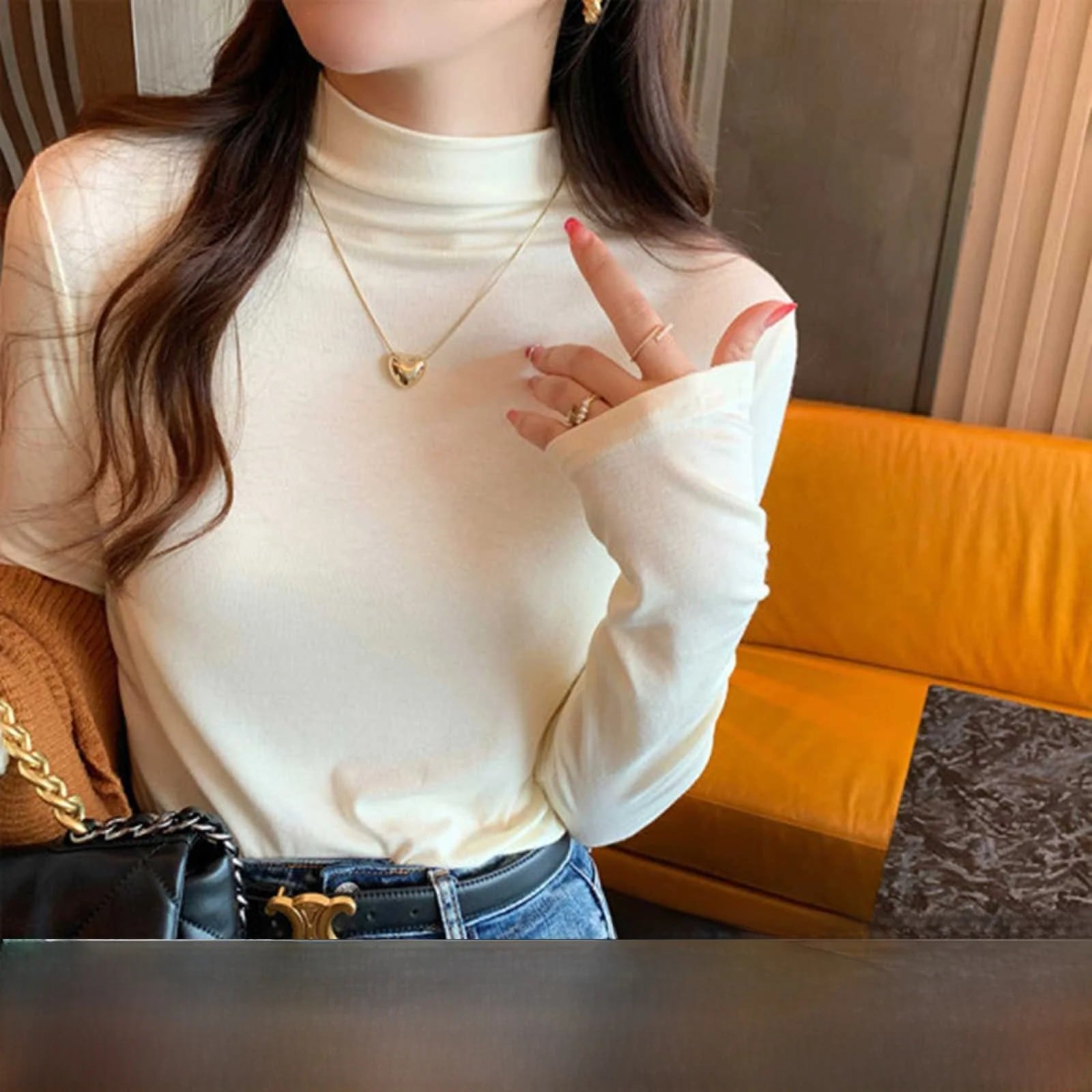 レディース 長袖モーダルTシャツ ハーフハイネック スリムフィット ベースシャツ