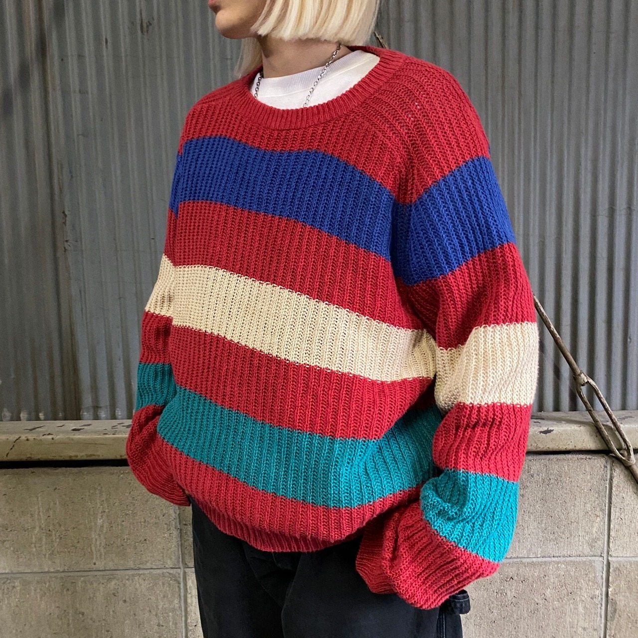 80年代 LACOSTE ラコステ リネン×コットン ボーダー ニットセーター 